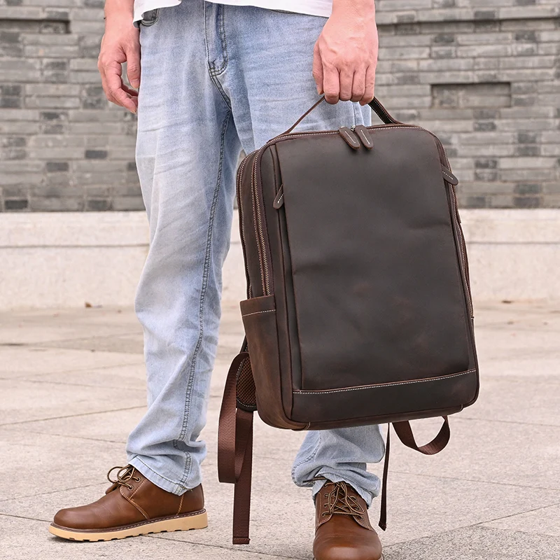 Fashion Crazy Horse Leather Backpack Real Cowskin Laptop Bagpack Computer Man Backpacks For Men Male Daypack Business School Bag