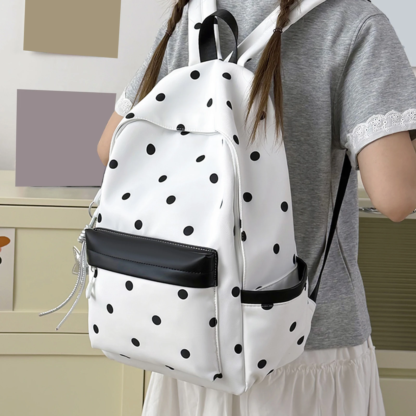 Polka Dot Aesthetic Preppy Backpack Kawaii Sweet Travel Casual Daypack Laptop Backpack for Elementary & Middle Girl Students