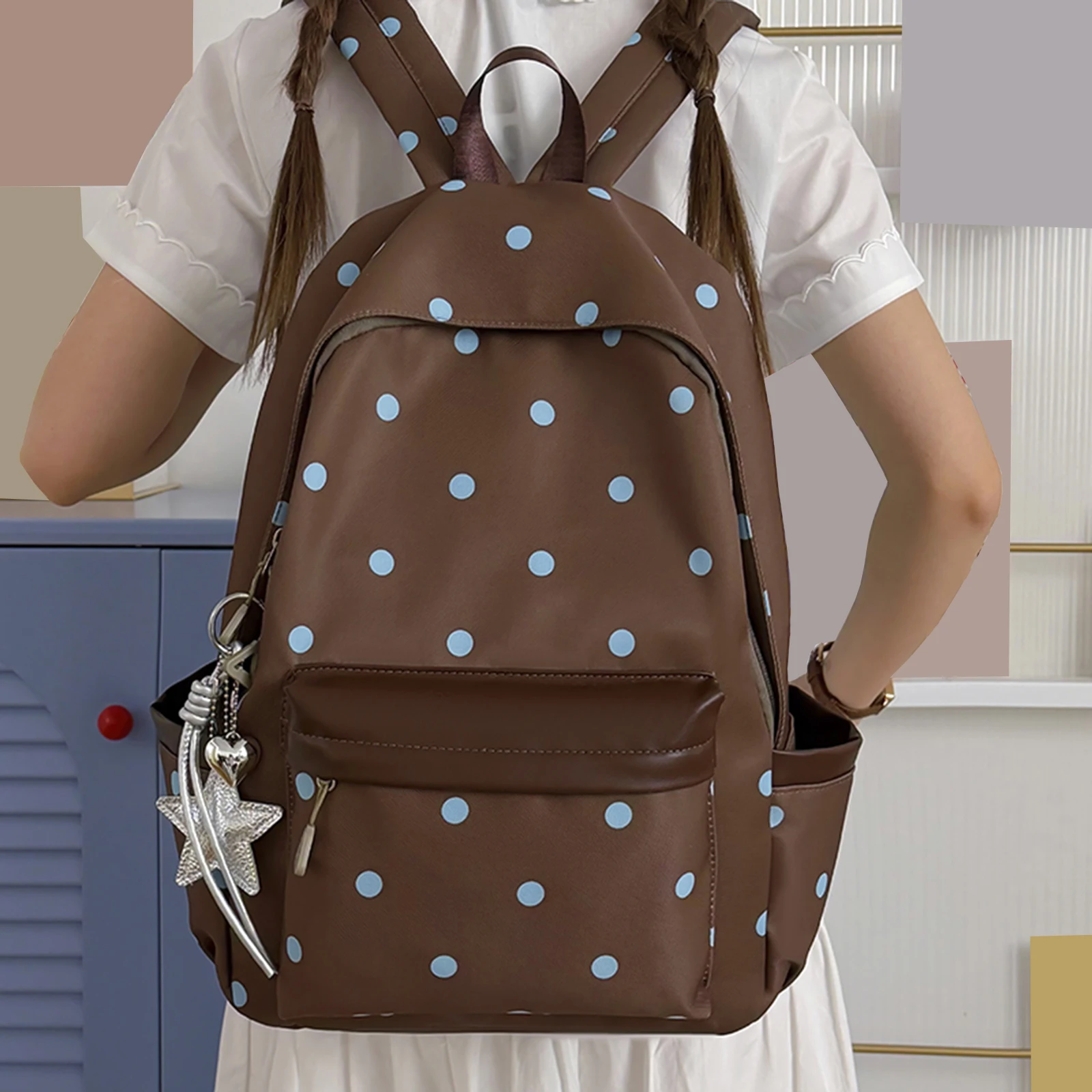 Polka Dot Aesthetic Preppy Backpack Kawaii Sweet Travel Casual Daypack Laptop Backpack for Elementary & Middle Girl Students