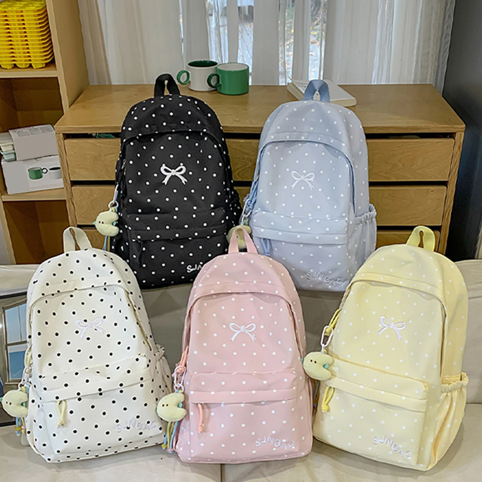 Korean Style Cute Polka Dot Backpack Nylon Women Large Capacity Campus Daypack