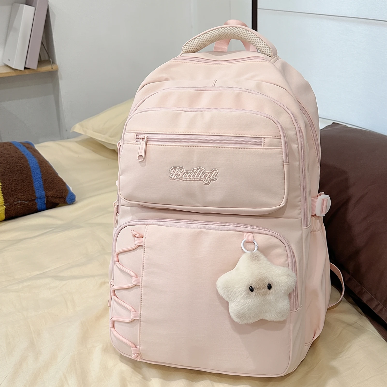 Young Women Aesthetic Backpack Korean Style Nylon Bag Multi-Compartment Travel Pack