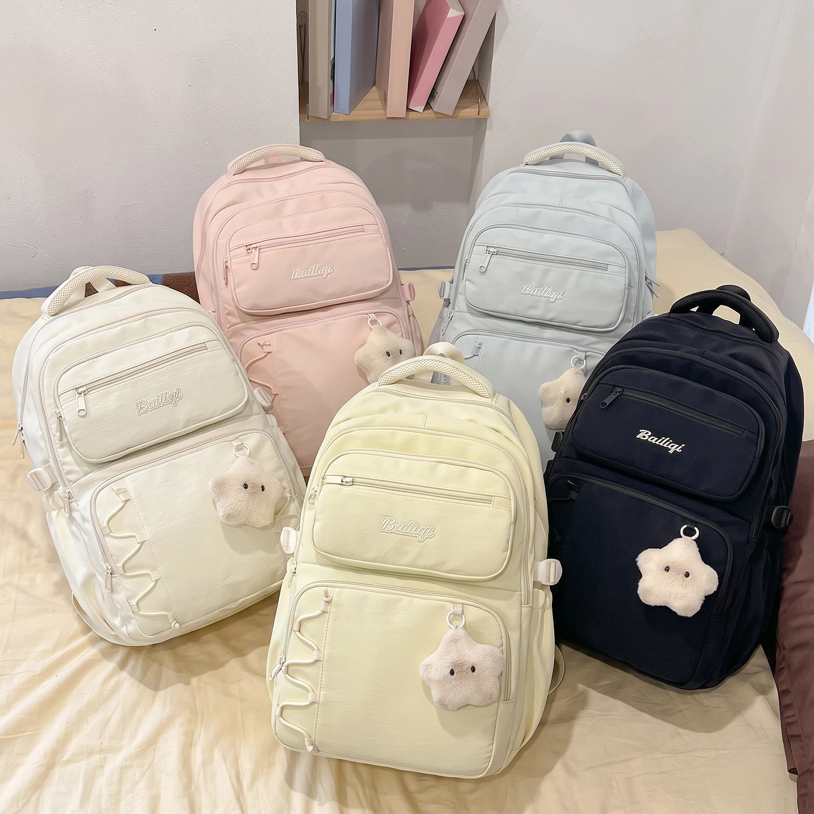 Young Women Aesthetic Backpack Korean Style Nylon Bag Multi-Compartment Travel Pack