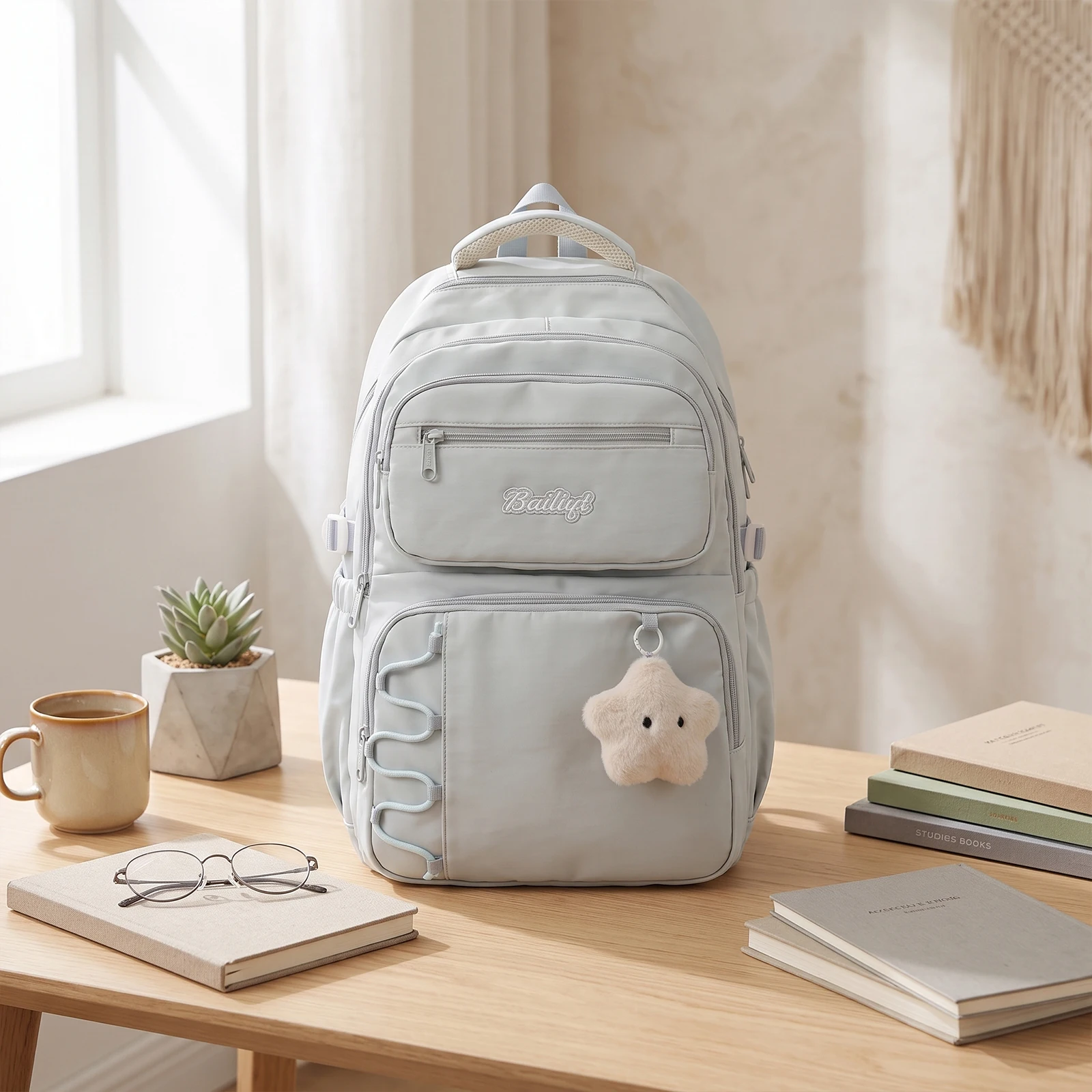 Young Women Aesthetic Backpack Korean Style Nylon Bag Multi-Compartment Travel Pack