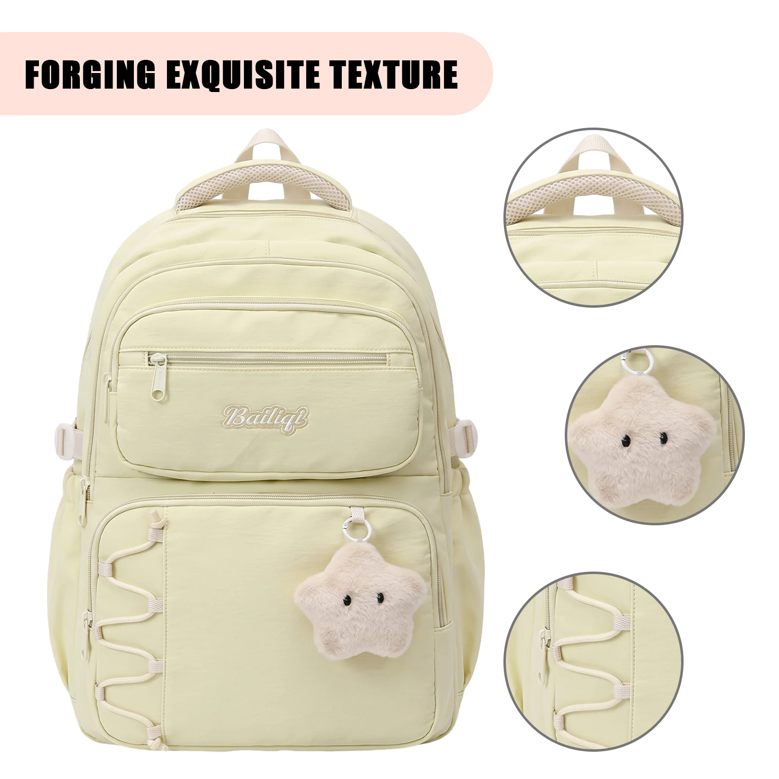 Young Women Aesthetic Backpack Korean Style Nylon Bag Multi-Compartment Travel Pack