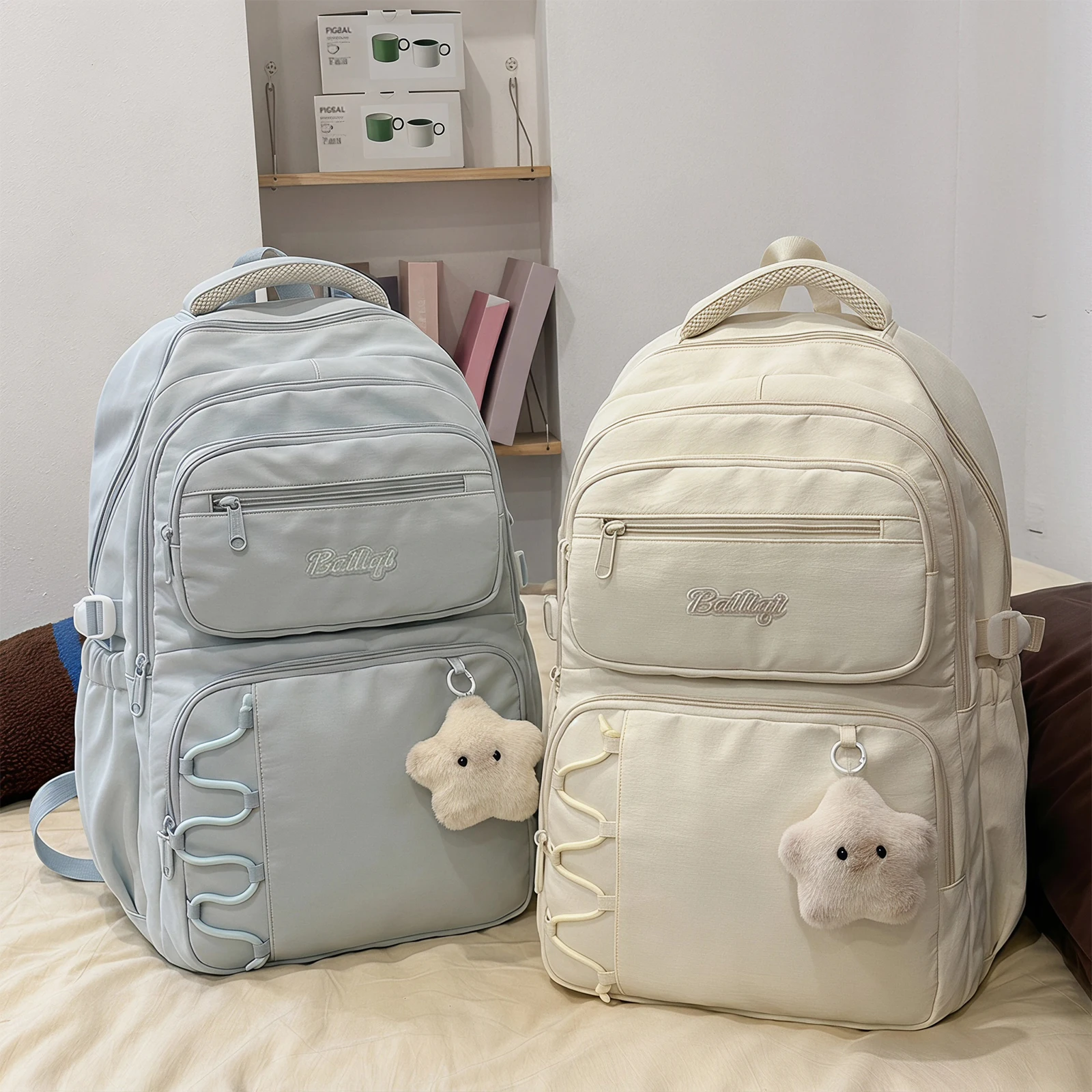 Young Women Aesthetic Backpack Korean Style Nylon Bag Multi-Compartment Travel Pack
