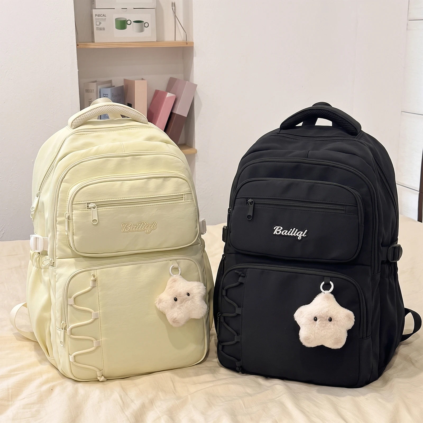 Young Women Aesthetic Backpack Korean Style Nylon Bag Multi-Compartment Travel Pack