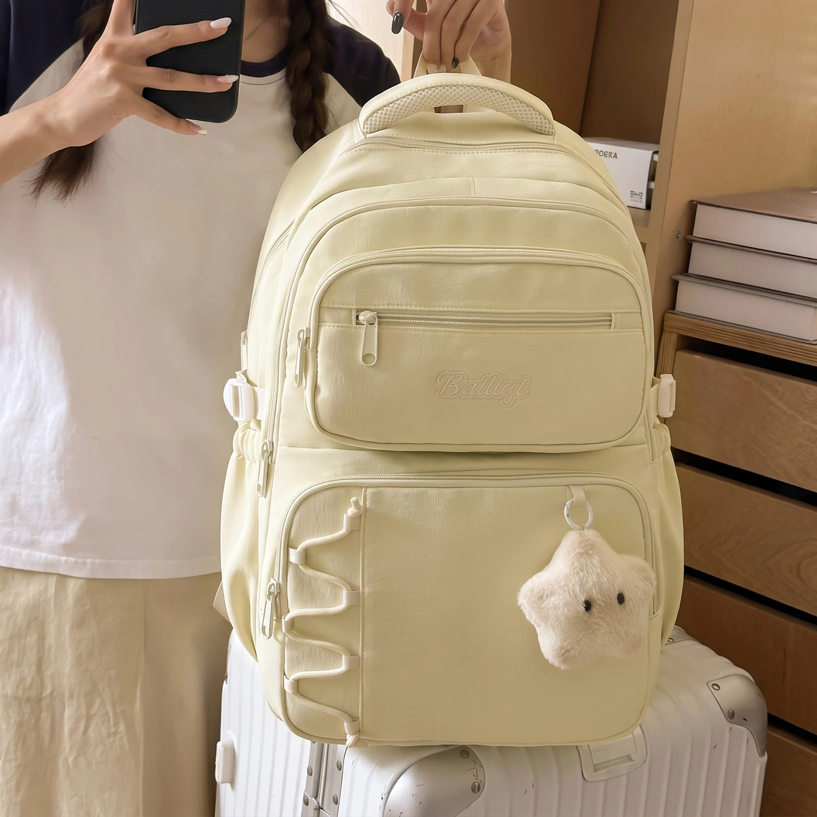 Young Women Aesthetic Backpack Korean Style Nylon Bag Multi-Compartment Travel Pack
