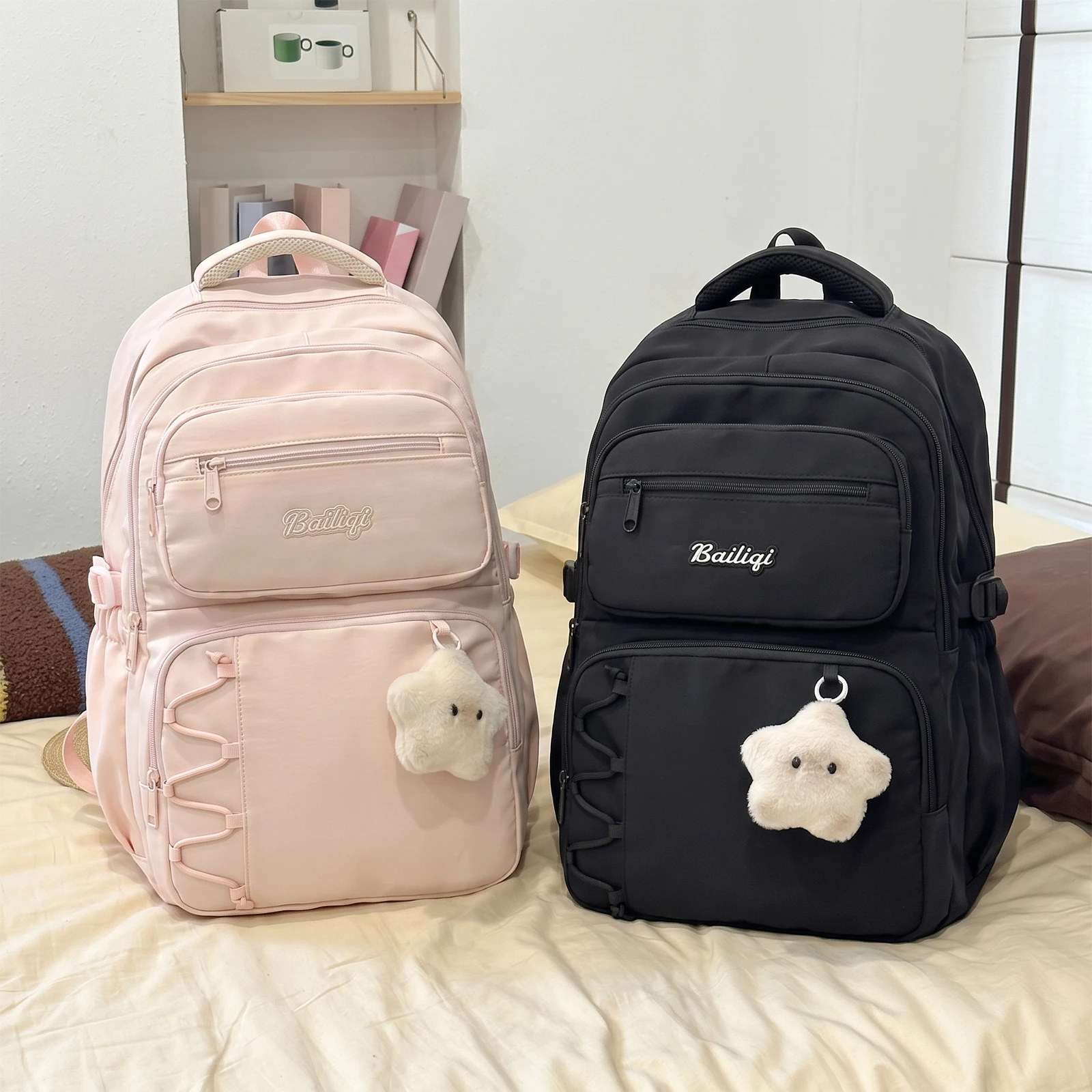Young Women Aesthetic Backpack Korean Style Nylon Bag Multi-Compartment Travel Pack