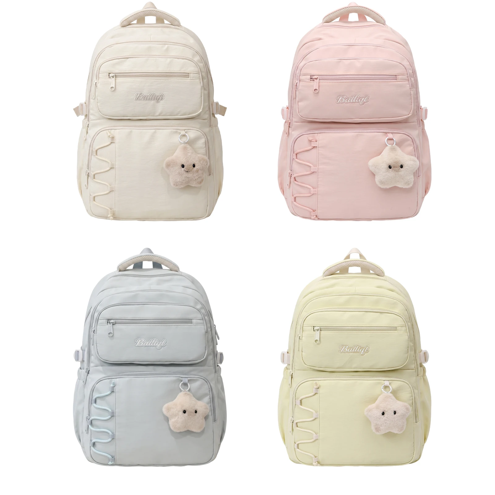 Young Women Aesthetic Backpack Korean Style Nylon Bag Multi-Compartment Travel Pack