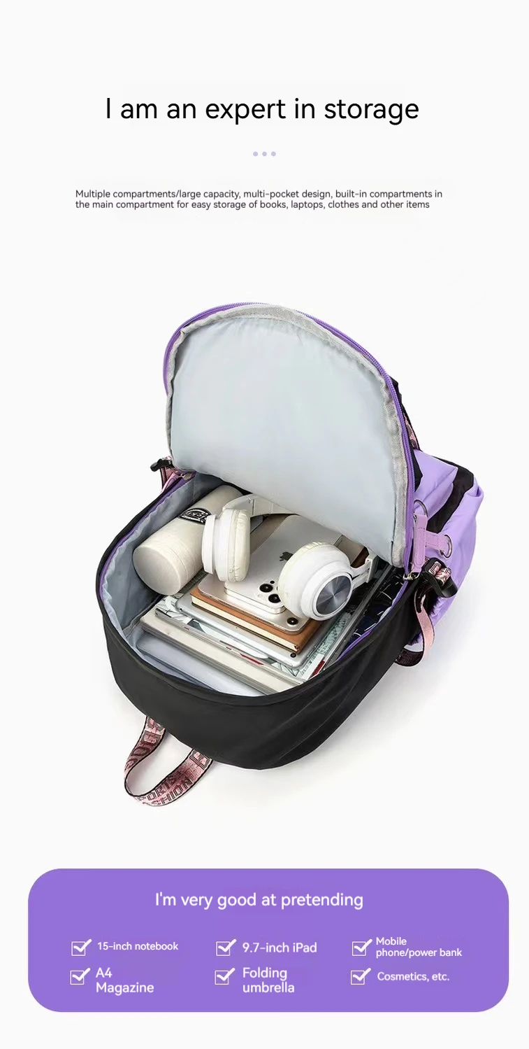 Teenagers Cute Schoolbag Shoulder Backpack Nylon Fabric Girls, Large Capacity Splash-Proof