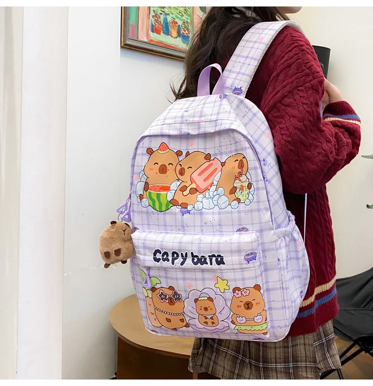 2025 Trend Large Capacity Capybara Book Bag Girl Nylon Backpack Kawaii Cartoon Student School Bag Cute College Backpack mochila