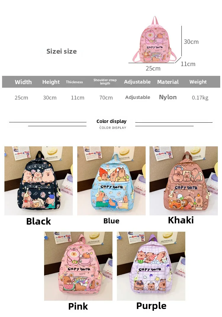 2025 Trend Large Capacity Capybara Book Bag Girl Nylon Backpack Kawaii Cartoon Student School Bag Cute College Backpack mochila