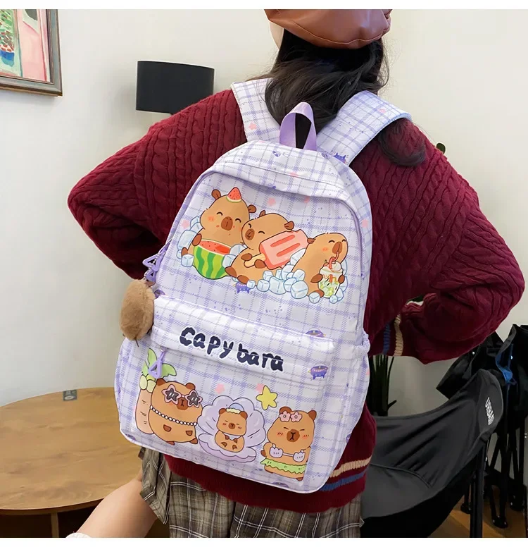 2025 Trend Large Capacity Capybara Book Bag Girl Nylon Backpack Kawaii Cartoon Student School Bag Cute College Backpack mochila