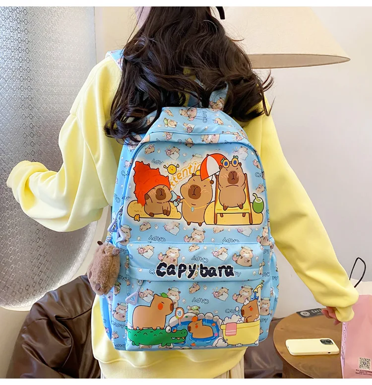 2025 Trend Large Capacity Capybara Book Bag Girl Nylon Backpack Kawaii Cartoon Student School Bag Cute College Backpack mochila