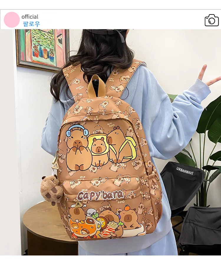 2025 Trend Large Capacity Capybara Book Bag Girl Nylon Backpack Kawaii Cartoon Student School Bag Cute College Backpack mochila