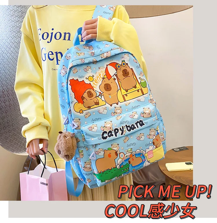 2025 Trend Large Capacity Capybara Book Bag Girl Nylon Backpack Kawaii Cartoon Student School Bag Cute College Backpack mochila