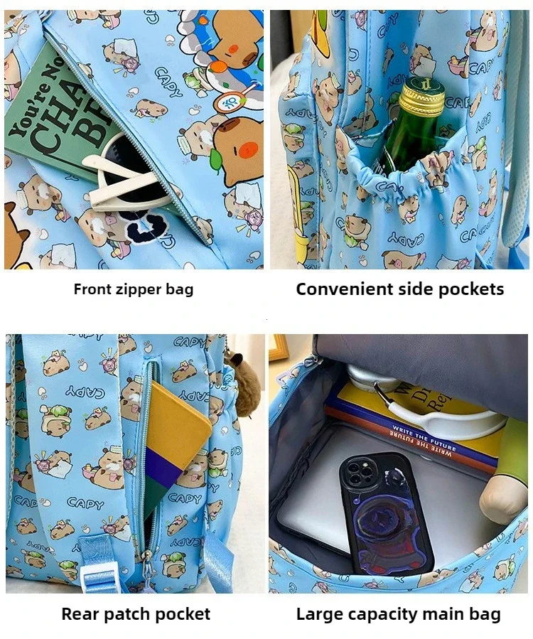2025 Trend Large Capacity Capybara Book Bag Girl Nylon Backpack Kawaii Cartoon Student School Bag Cute College Backpack mochila