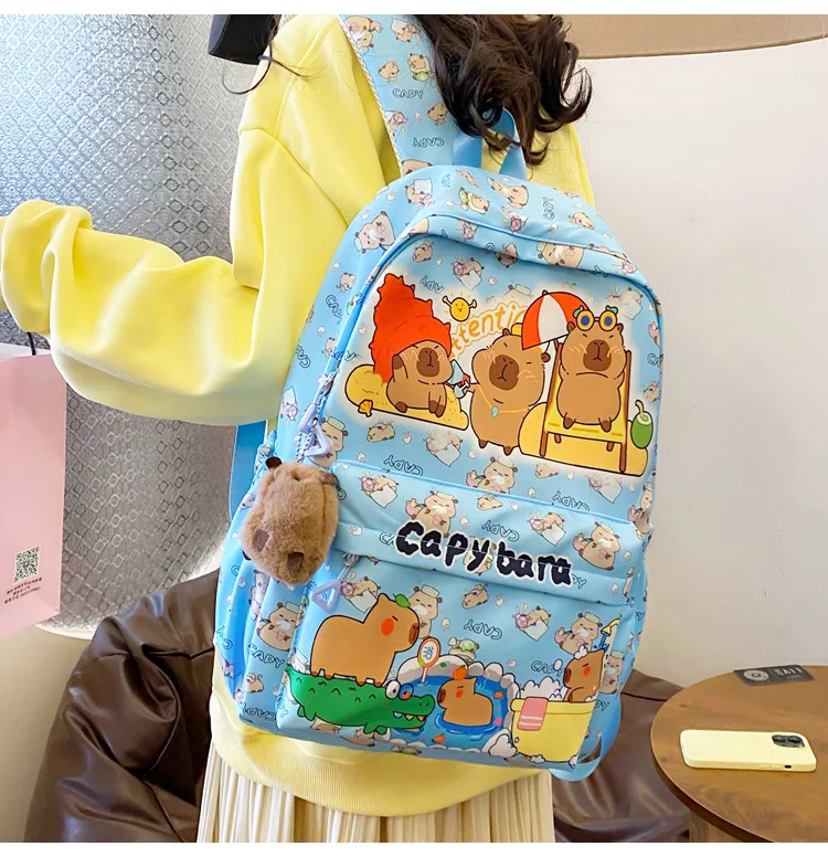 2025 Trend Large Capacity Capybara Book Bag Girl Nylon Backpack Kawaii Cartoon Student School Bag Cute College Backpack mochila