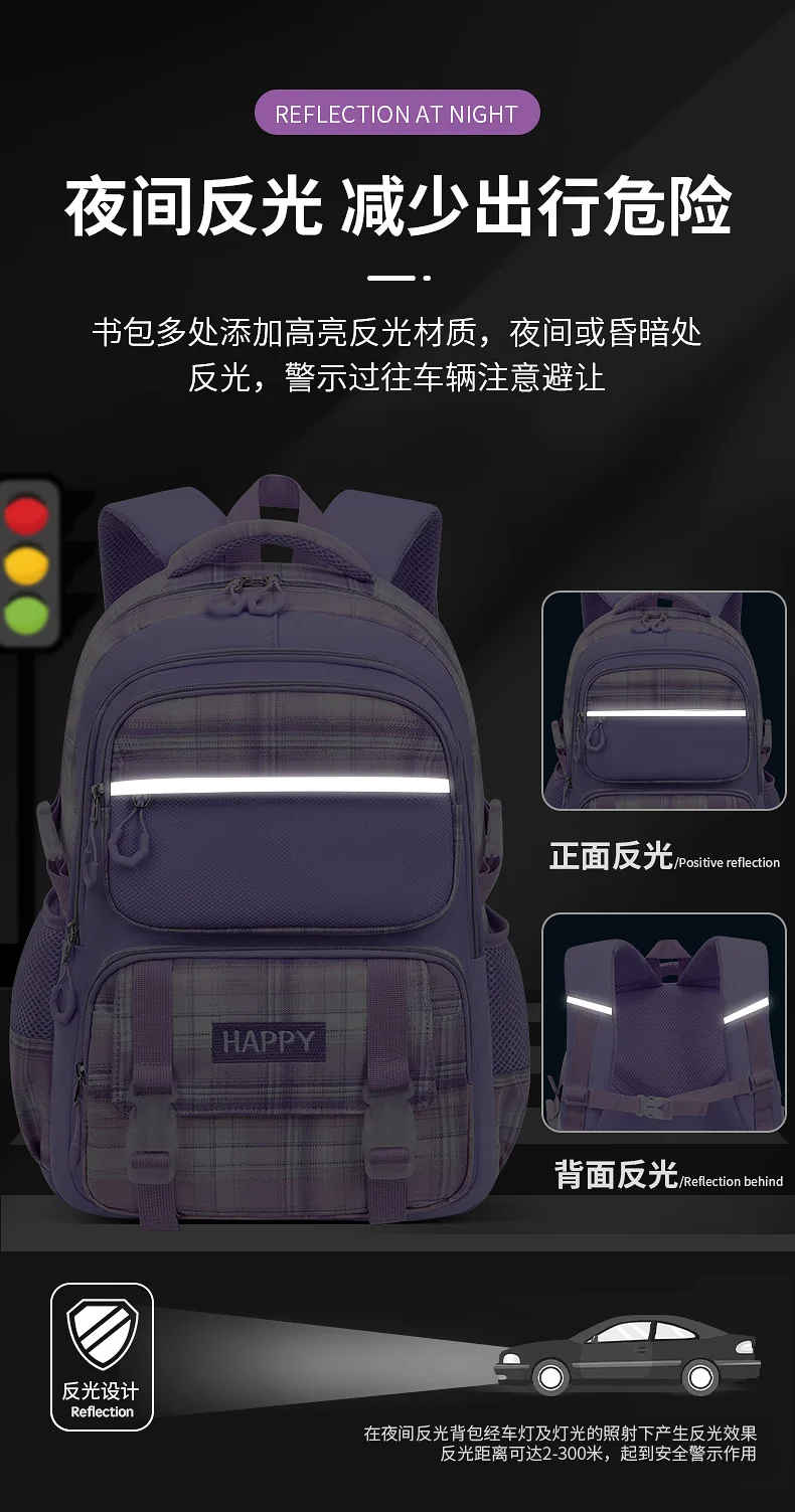 purple school bags for kids plaid book bag pink waterproof School backpacks for girls large capacity backpack with many pockets