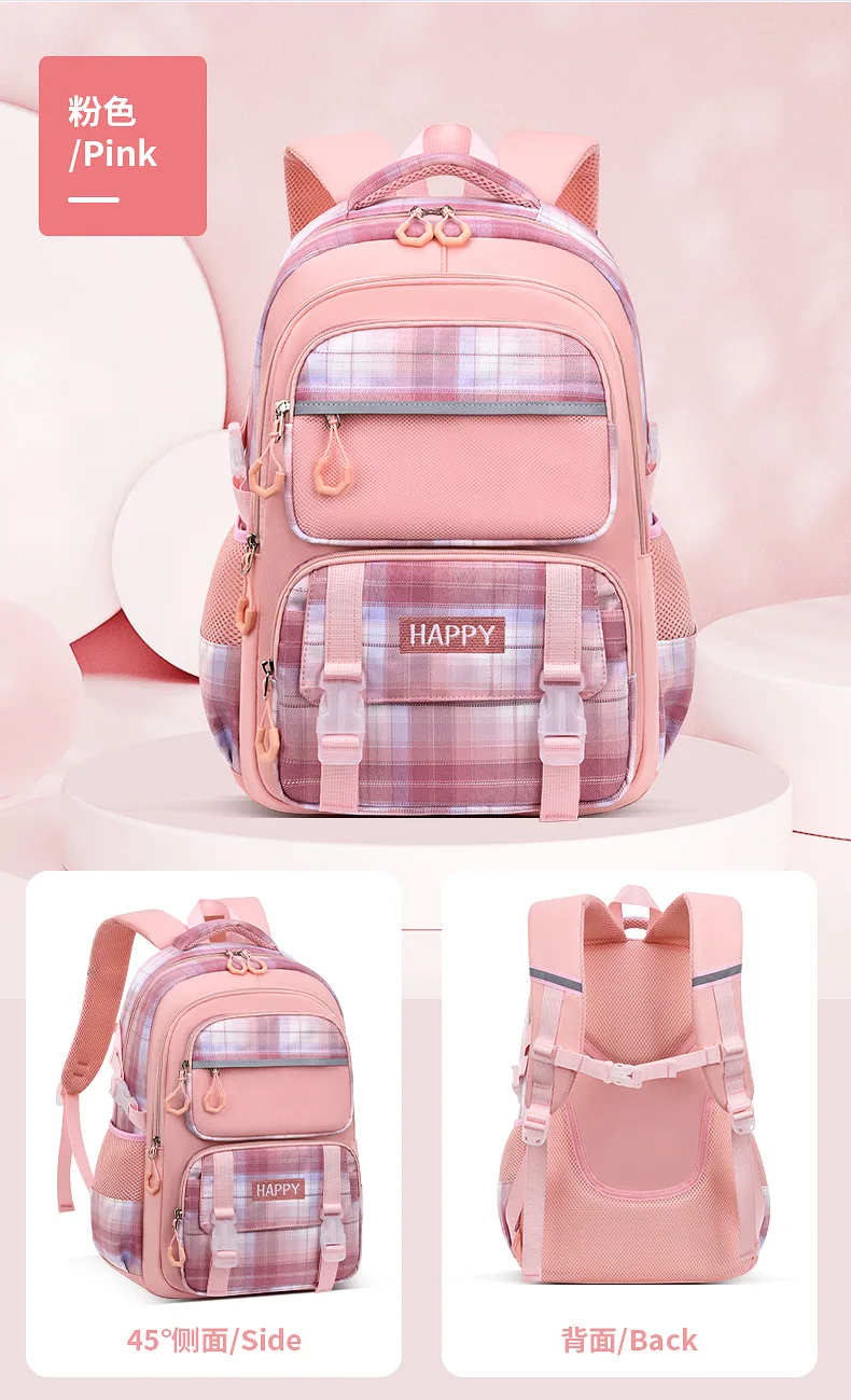 purple school bags for kids plaid book bag pink waterproof School backpacks for girls large capacity backpack with many pockets