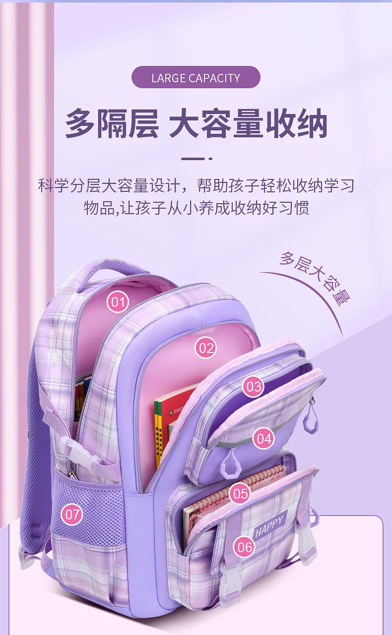 purple school bags for kids plaid book bag pink waterproof School backpacks for girls large capacity backpack with many pockets