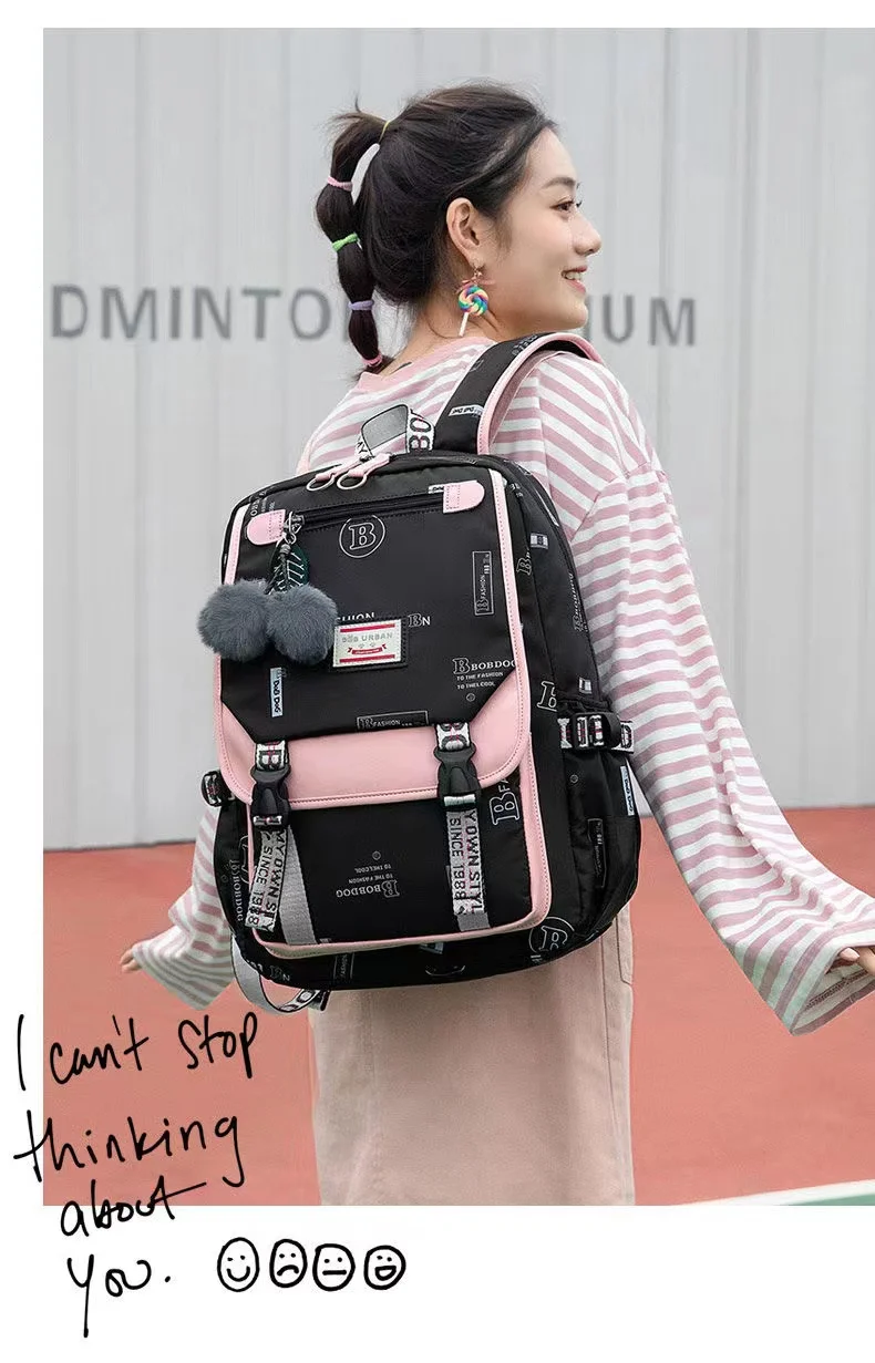 Large School Bags for Teenage Girls Canvas Schoolbag Student Book Bag Fashion Black Pink Teen School Backpack