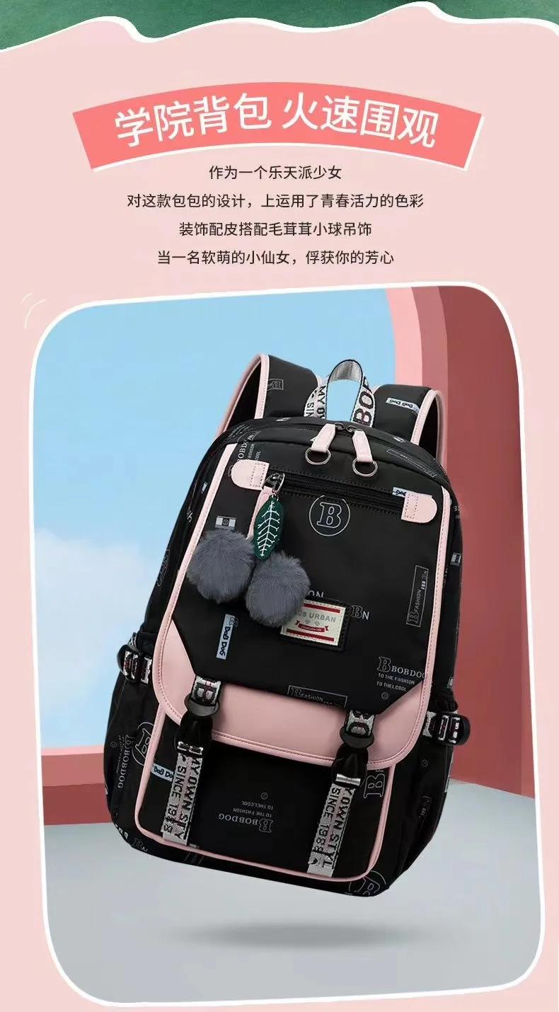 Large School Bags for Teenage Girls Canvas Schoolbag Student Book Bag Fashion Black Pink Teen School Backpack
