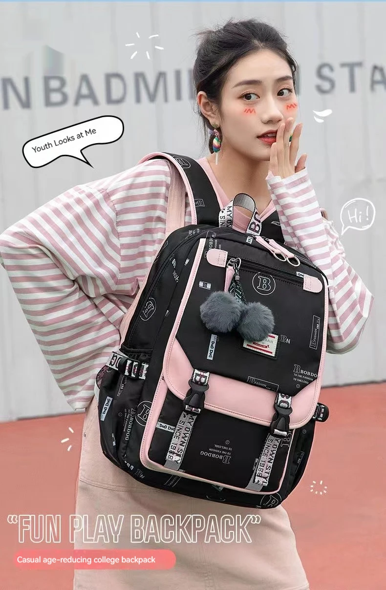 Large School Bags for Teenage Girls Canvas Schoolbag Student Book Bag Fashion Black Pink Teen School Backpack
