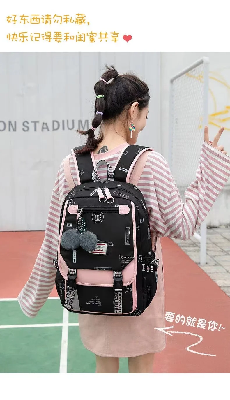 Large School Bags for Teenage Girls Canvas Schoolbag Student Book Bag Fashion Black Pink Teen School Backpack