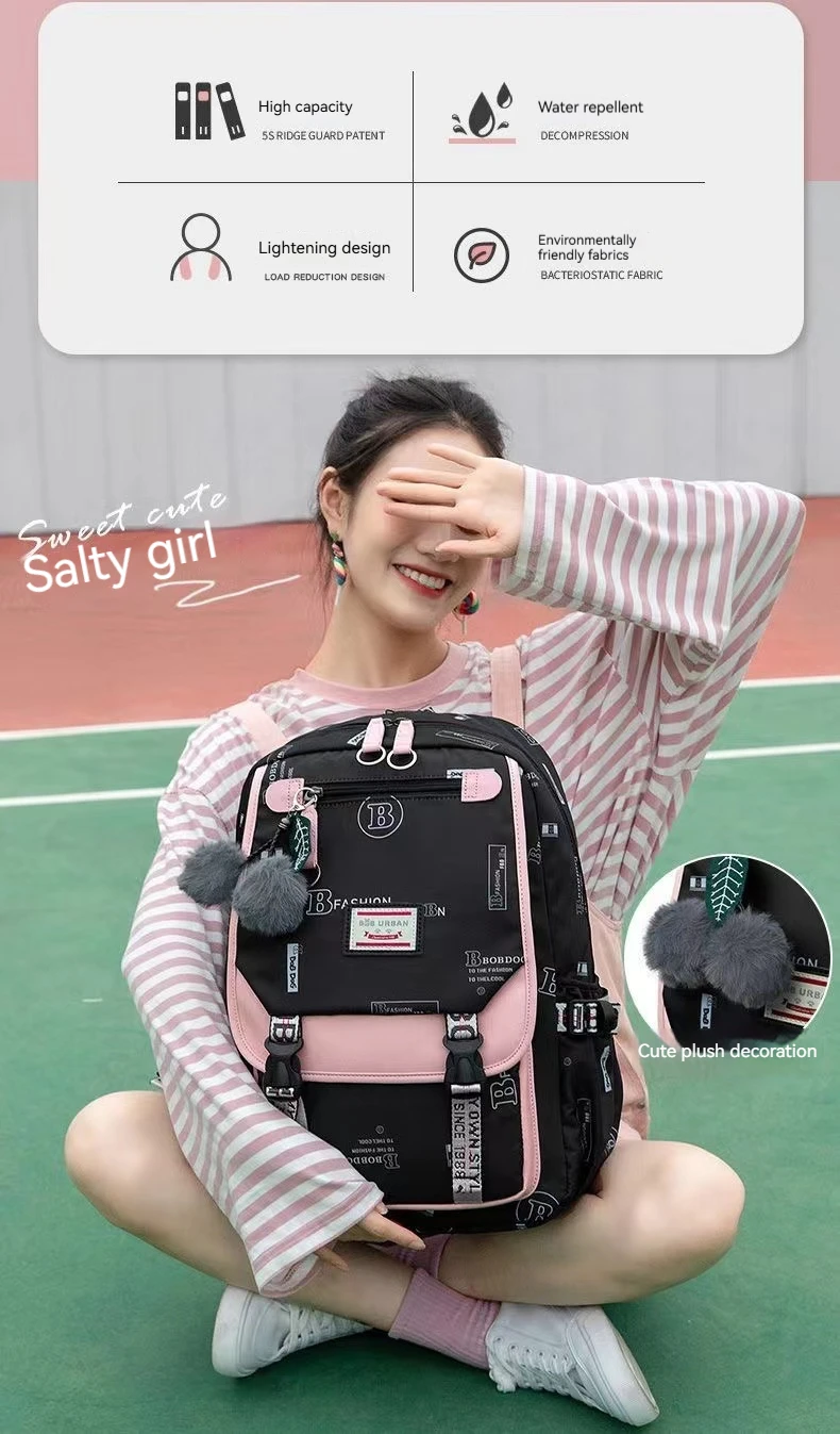 Large School Bags for Teenage Girls Canvas Schoolbag Student Book Bag Fashion Black Pink Teen School Backpack