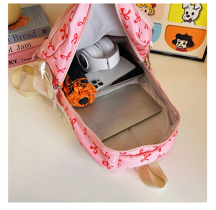 Korean Fashion Bow Print Women Fashion Backpack Simple Student Schoolbag college student backpack Set Three-Piece