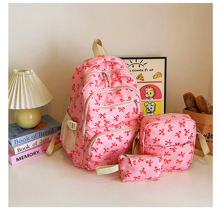 Korean Fashion Bow Print Women Fashion Backpack Simple Student Schoolbag college student backpack Set Three-Piece