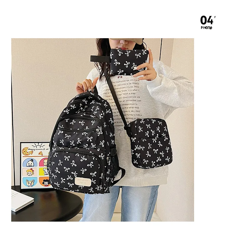Korean Fashion Bow Print Women Fashion Backpack Simple Student Schoolbag college student backpack Set Three-Piece