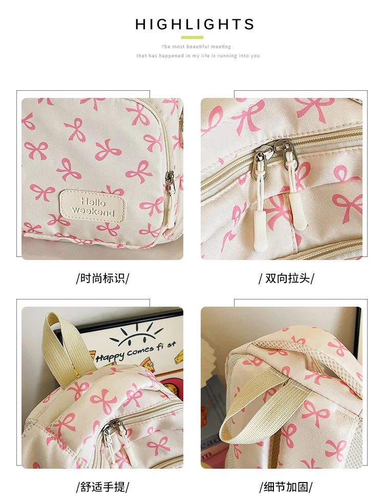 Korean Fashion Bow Print Women Fashion Backpack Simple Student Schoolbag college student backpack Set Three-Piece