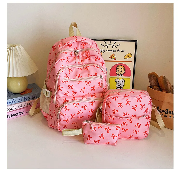 Korean Fashion Bow Print Women Fashion Backpack Simple Student Schoolbag college student backpack Set Three-Piece