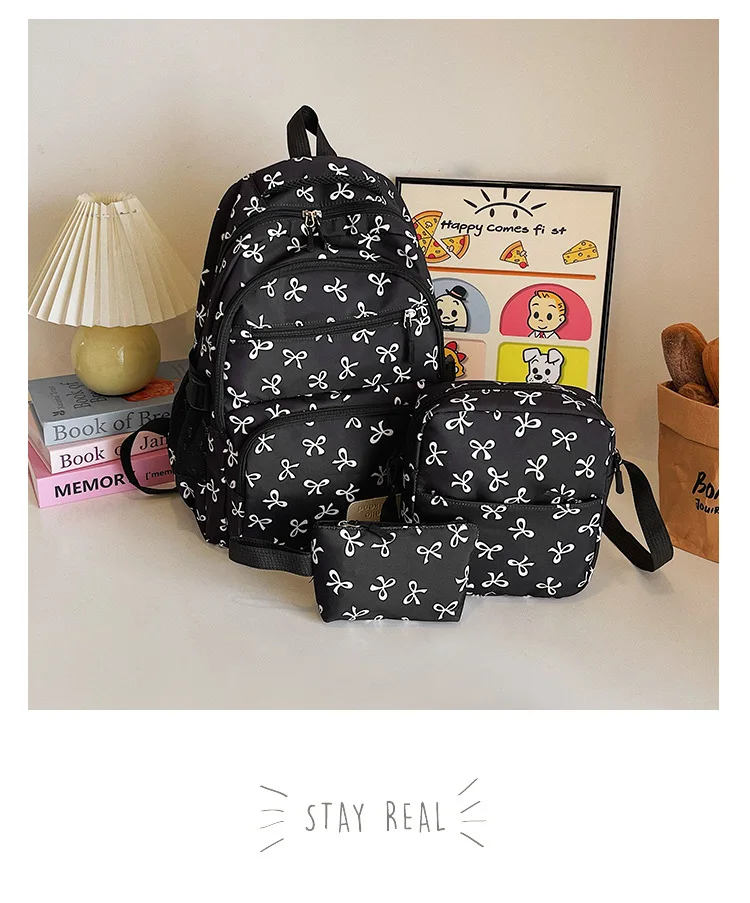 Korean Fashion Bow Print Women Fashion Backpack Simple Student Schoolbag college student backpack Set Three-Piece