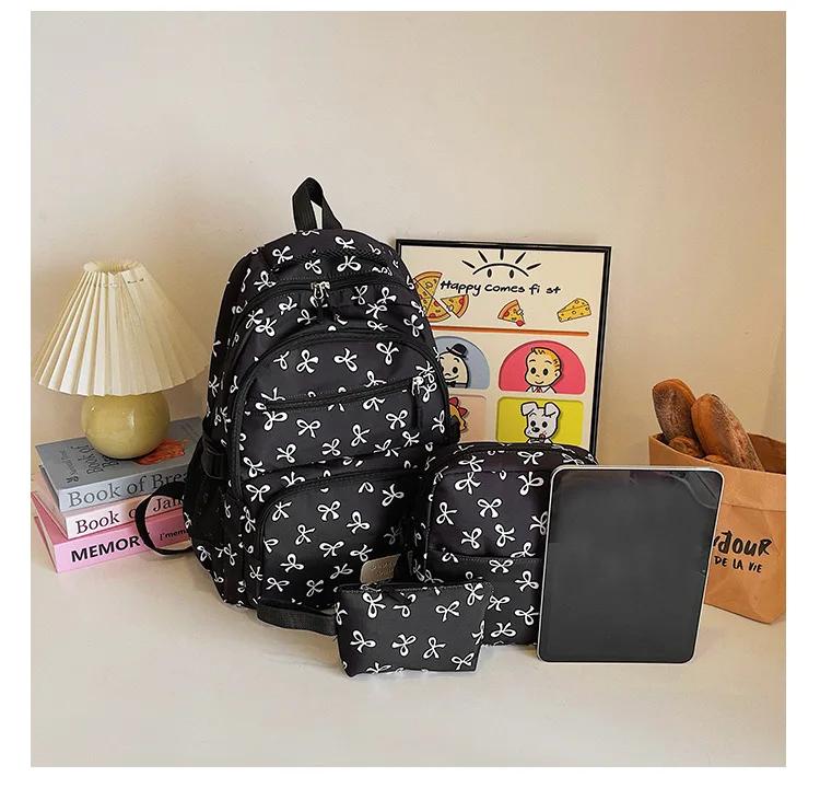 Korean Fashion Bow Print Women Fashion Backpack Simple Student Schoolbag college student backpack Set Three-Piece