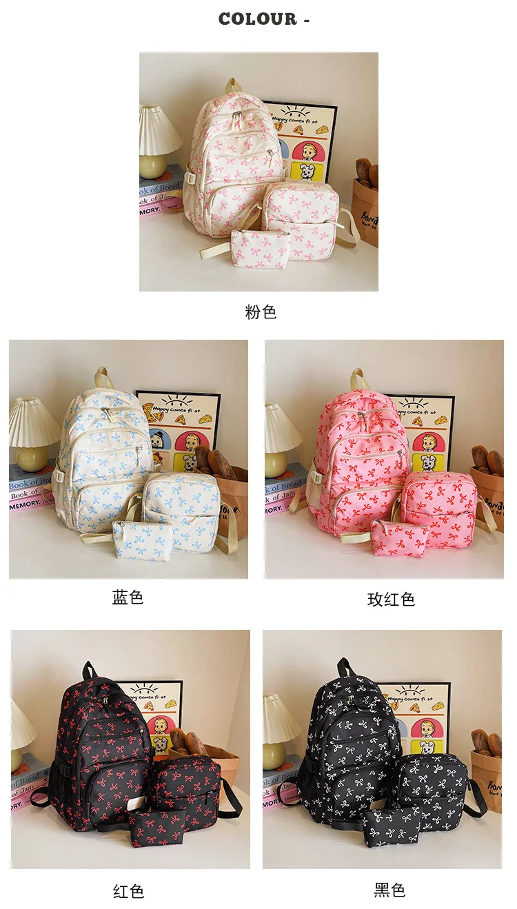 Korean Fashion Bow Print Women Fashion Backpack Simple Student Schoolbag college student backpack Set Three-Piece