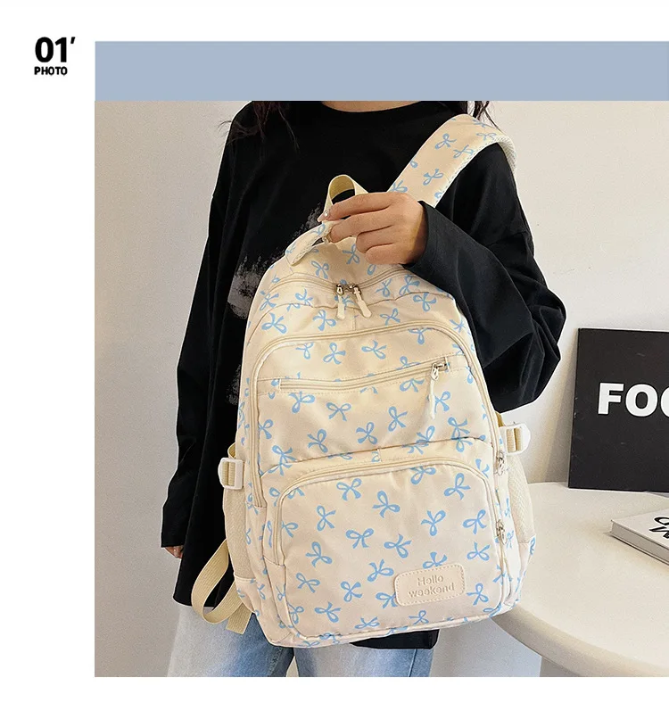 Korean Fashion Bow Print Women Fashion Backpack Simple Student Schoolbag college student backpack Set Three-Piece