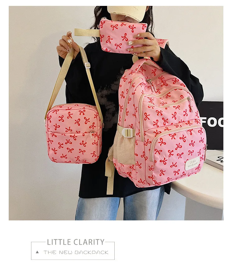 Korean Fashion Bow Print Women Fashion Backpack Simple Student Schoolbag college student backpack Set Three-Piece