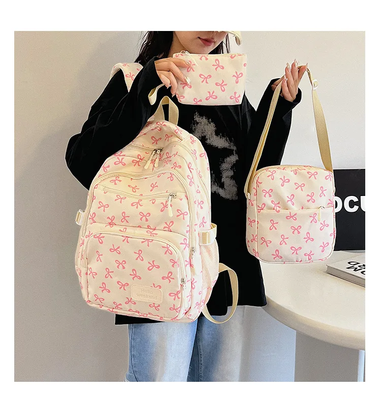 Korean Fashion Bow Print Women Fashion Backpack Simple Student Schoolbag college student backpack Set Three-Piece