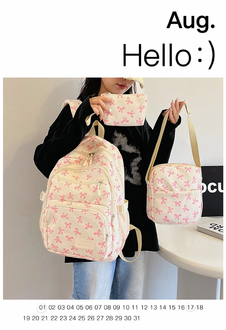 Korean Fashion Bow Print Women Fashion Backpack Simple Student Schoolbag college student backpack Set Three-Piece