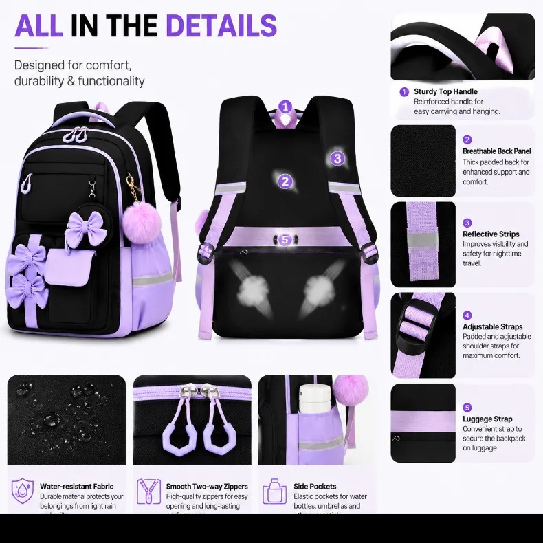 3pcs/set fashion backpack for school Girls Cute School Backpack with Lunch Bag Pencil Case Primary Middle School Student Bookbag