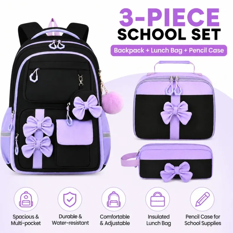 3pcs/set fashion backpack for school Girls Cute School Backpack with Lunch Bag Pencil Case Primary Middle School Student Bookbag
