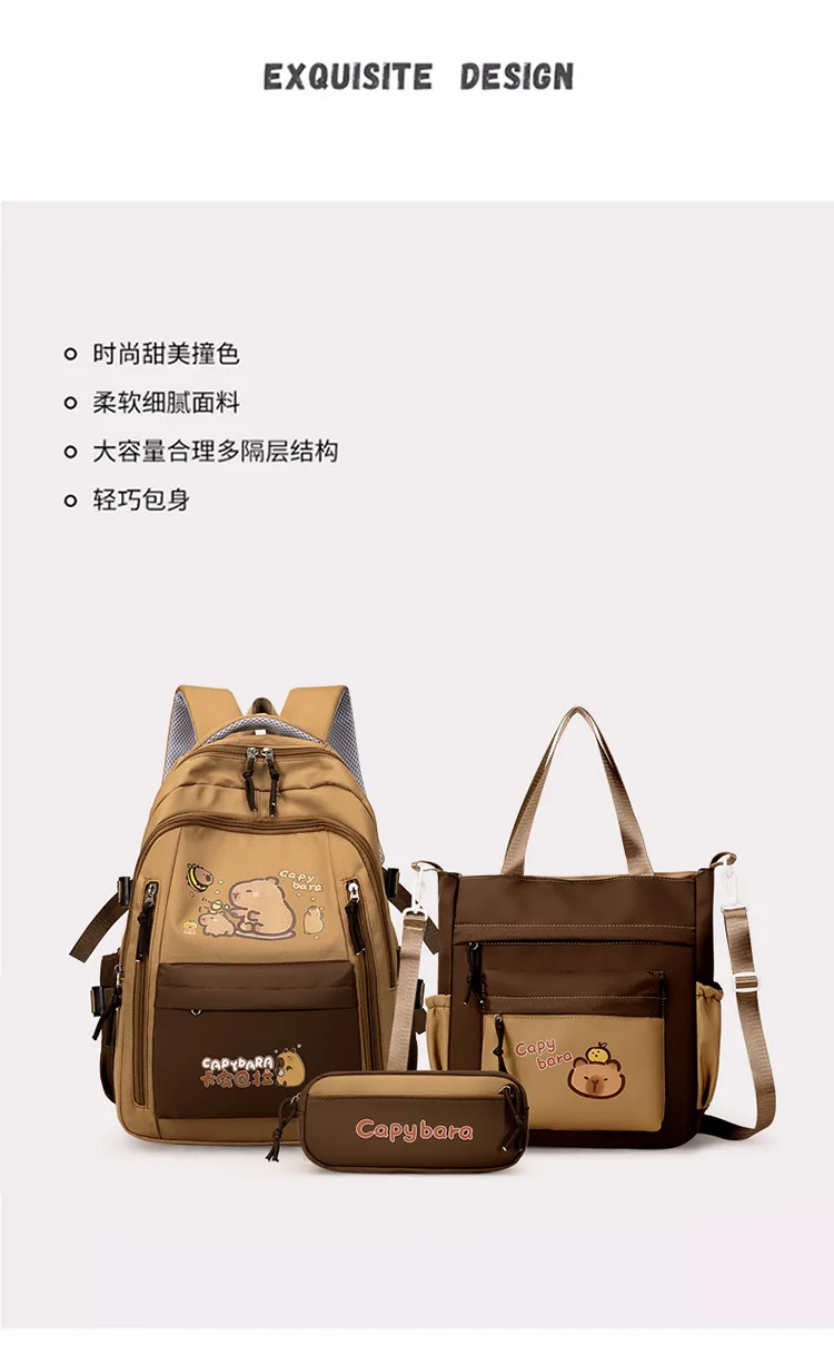 Kawaii Capybara School Backpack 3pcs Girls School Bags Set Casual Daypacks Kids Book bag Children Schoolbag Travel Backpack