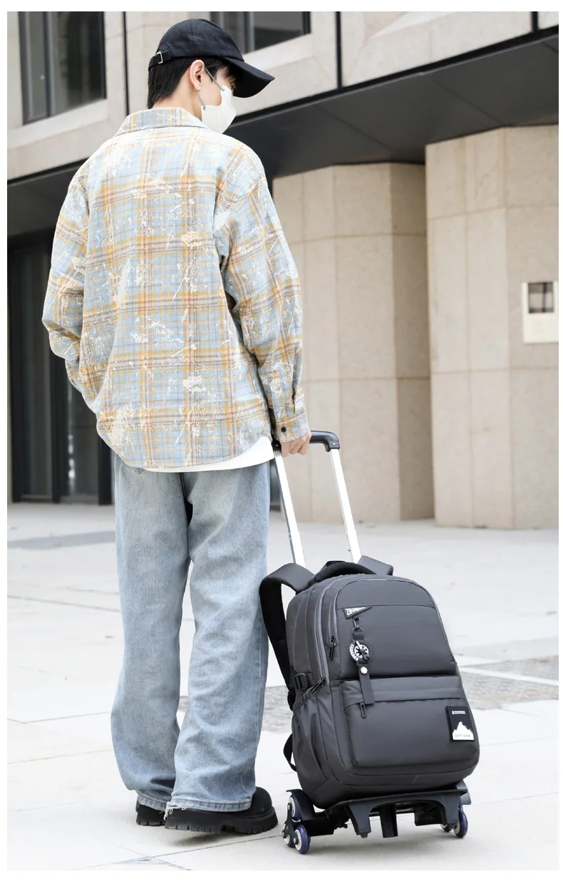 Students Wheeled School Bag Boys Trolley Bags for School Men Travel Backpack with Wheels Waterproof Large Capacity Luggage Bag