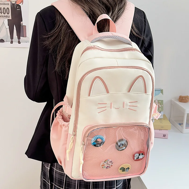 Kawaii Women Backpack Sweet Pink Japanese Cartoon Cat Ita Bag Fashion Large Capacity Casual Versatile Backpacks for Ladies