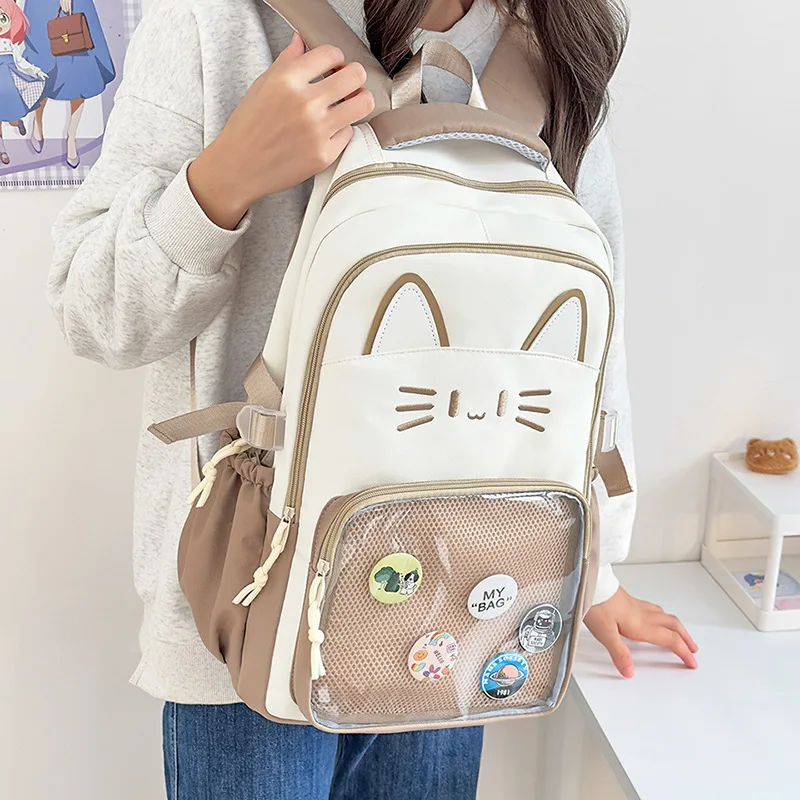 Kawaii Women Backpack Sweet Pink Japanese Cartoon Cat Ita Bag Fashion Large Capacity Casual Versatile Backpacks for Ladies