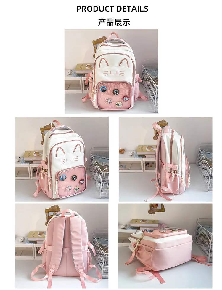 Kawaii Women Backpack Sweet Pink Japanese Cartoon Cat Ita Bag Fashion Large Capacity Casual Versatile Backpacks for Ladies