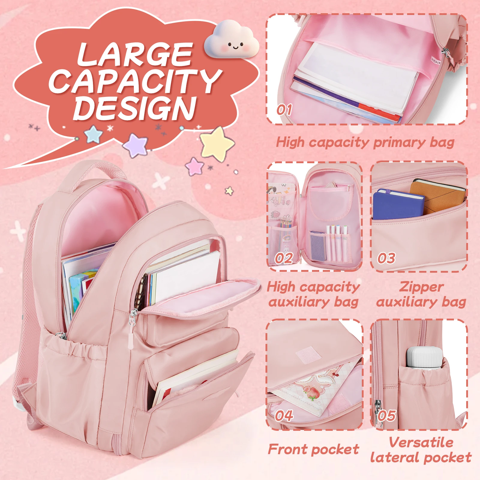Girls School Bags Kid Backpack with Fridge Door Elementary School Backpack, Pink Lightweight School Backpack for Girls Ages 8-16